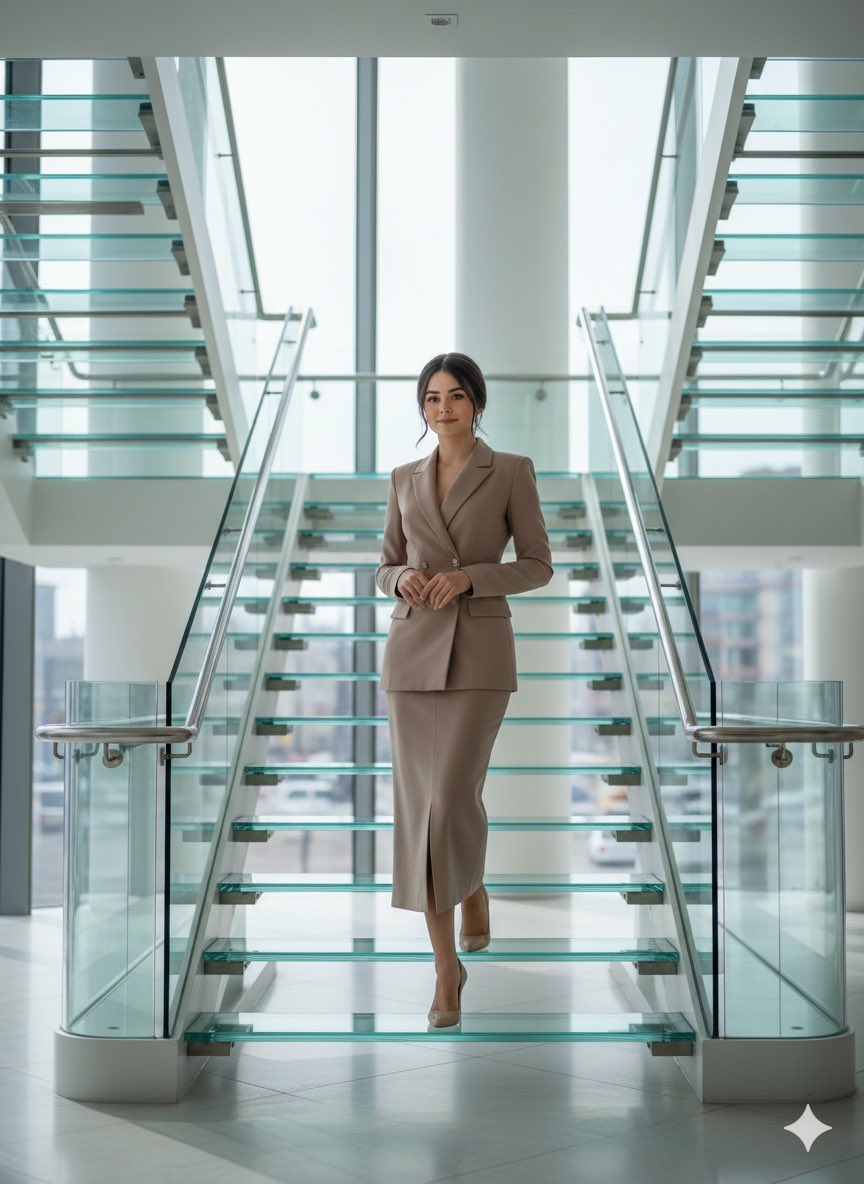 Luxury editorial portrait of a woman on a glass staircase — output 1