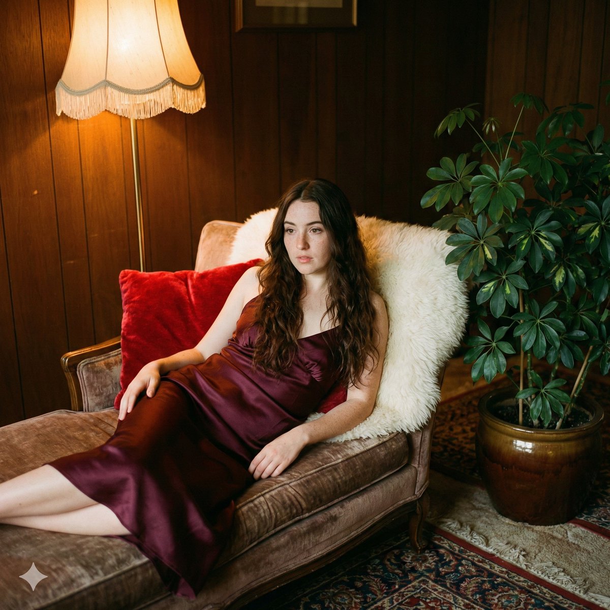 Vintage 70s analog portrait on a velvet sofa — output 1