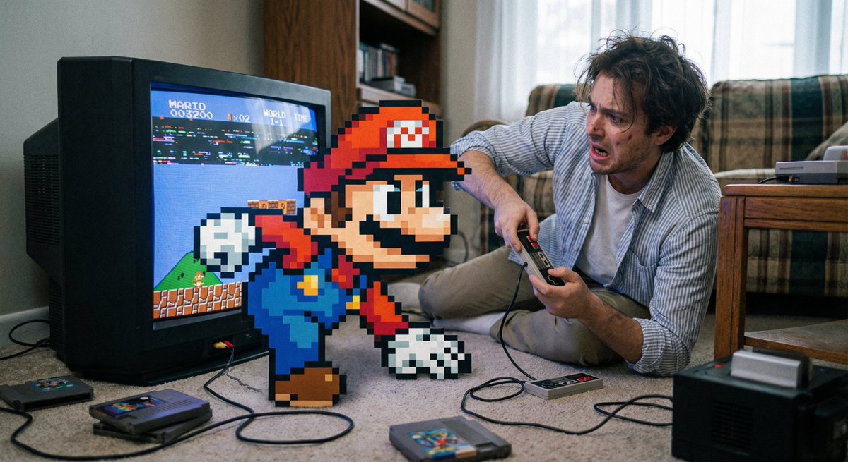 Pixel game character climbing out of TV — output 1