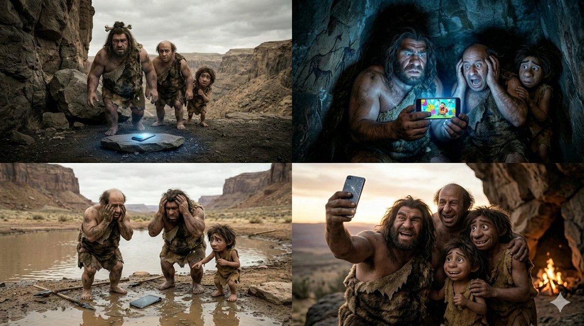 Comic / Storyboard - Funny 4-Part Story: Primitive Men and a Mobile Phone — output 1