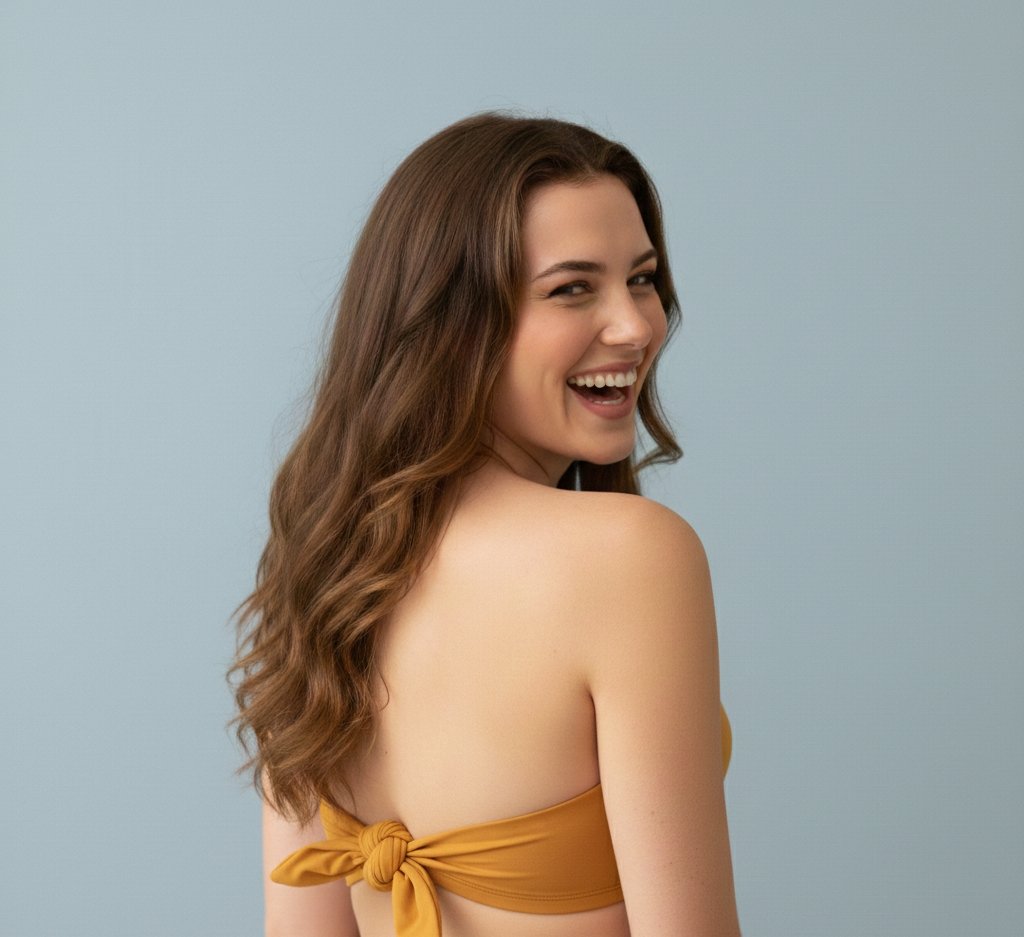 Playful Overhead Bikini Portrait Prompt — output 1