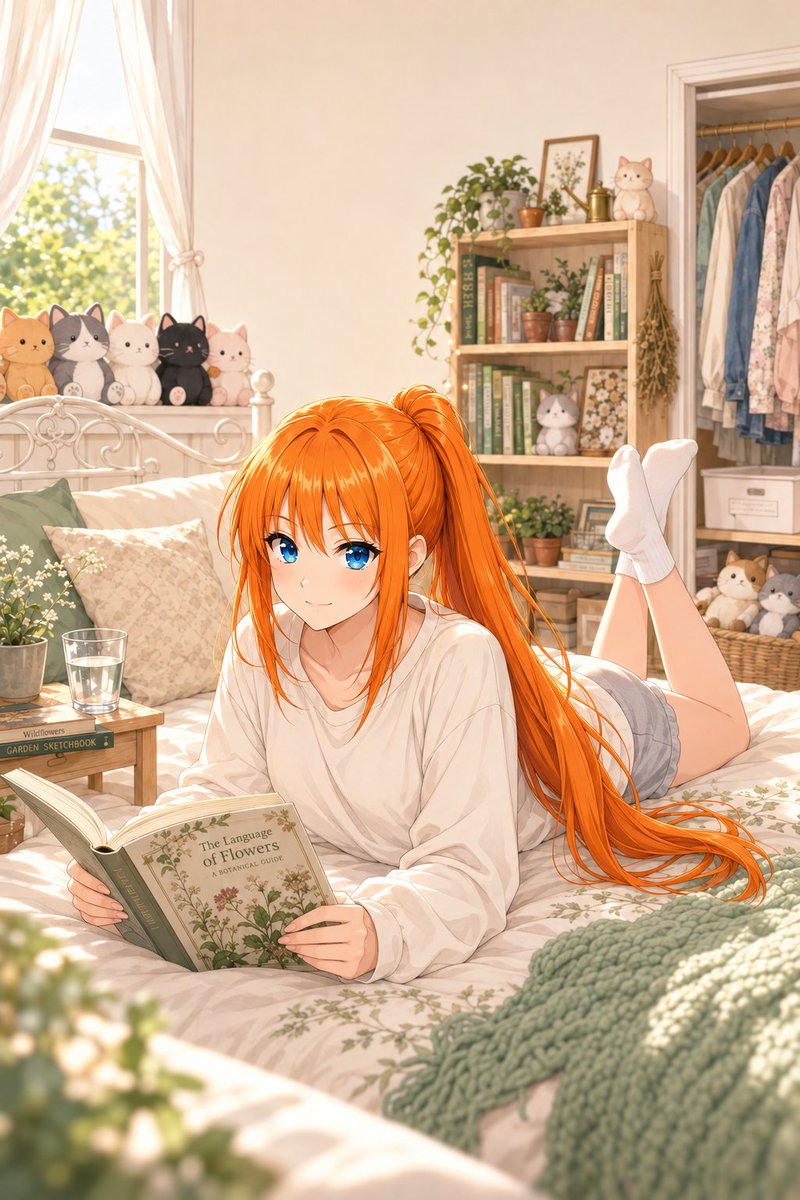 Social Media Post - Sunlit Anime Bedroom Reading Scene — output 1