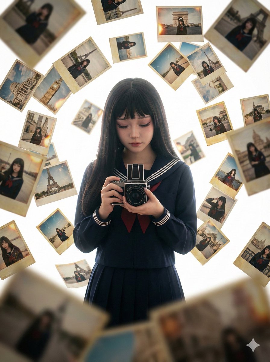 Photorealistic Asian Girl with Floating Photos Prompt (JSON Format) — output 1