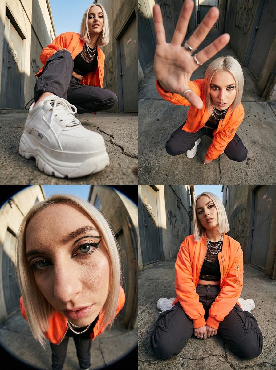 High-Fashion Streetwear Editorial with Forced Perspective — output 1