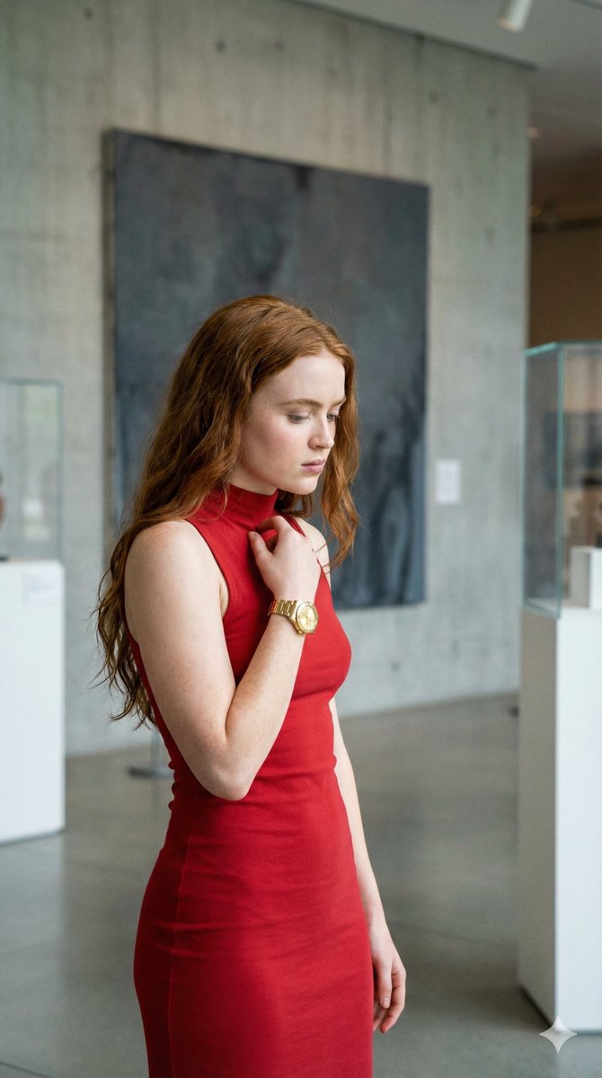 4K Candid Portrait of Sadie Sink in Red Dress Prompt — output 1
