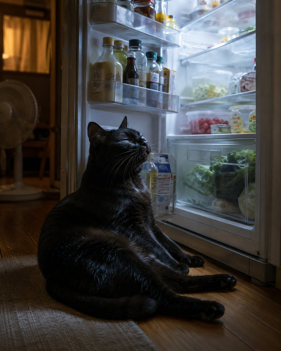 Social Media Post - Black Cat Cooling by Open Fridge — output 1
