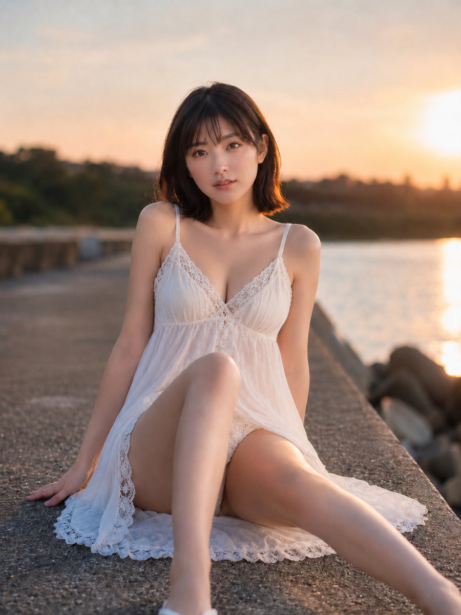 Social Media Post - Woman in White Lace Dress at Sunset Beach — output 1