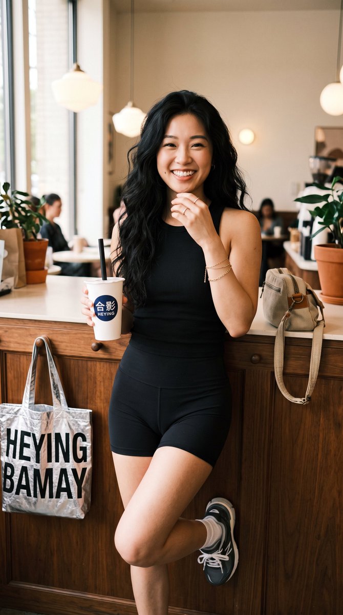 Social Media Post - East Asian Woman Bubble Tea Cafe Portrait — output 1