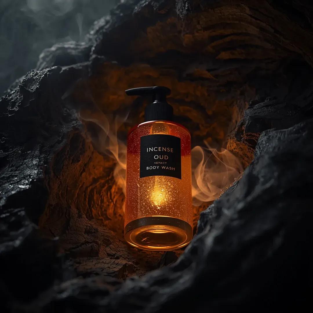 E-commerce Main Image - Ultra-Realistic Product Shot of Incense Oud Body Wash — output 1