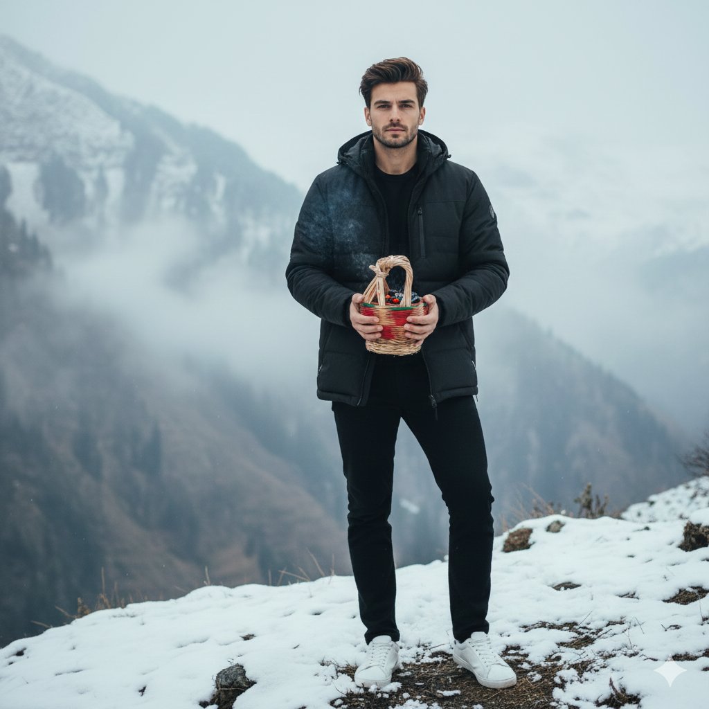 Moody Cinematic Portrait on Snowy Mountain Ridge — output 1