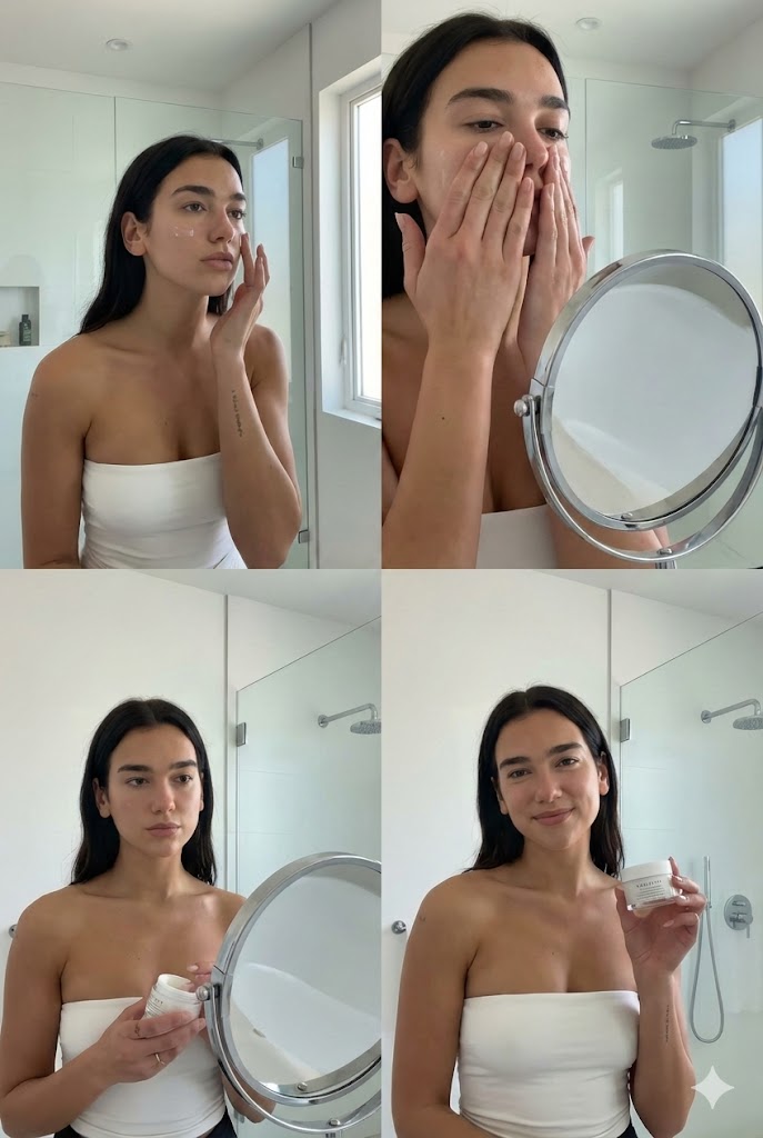 Dua Lipa Skincare Editorial Collage — output 1