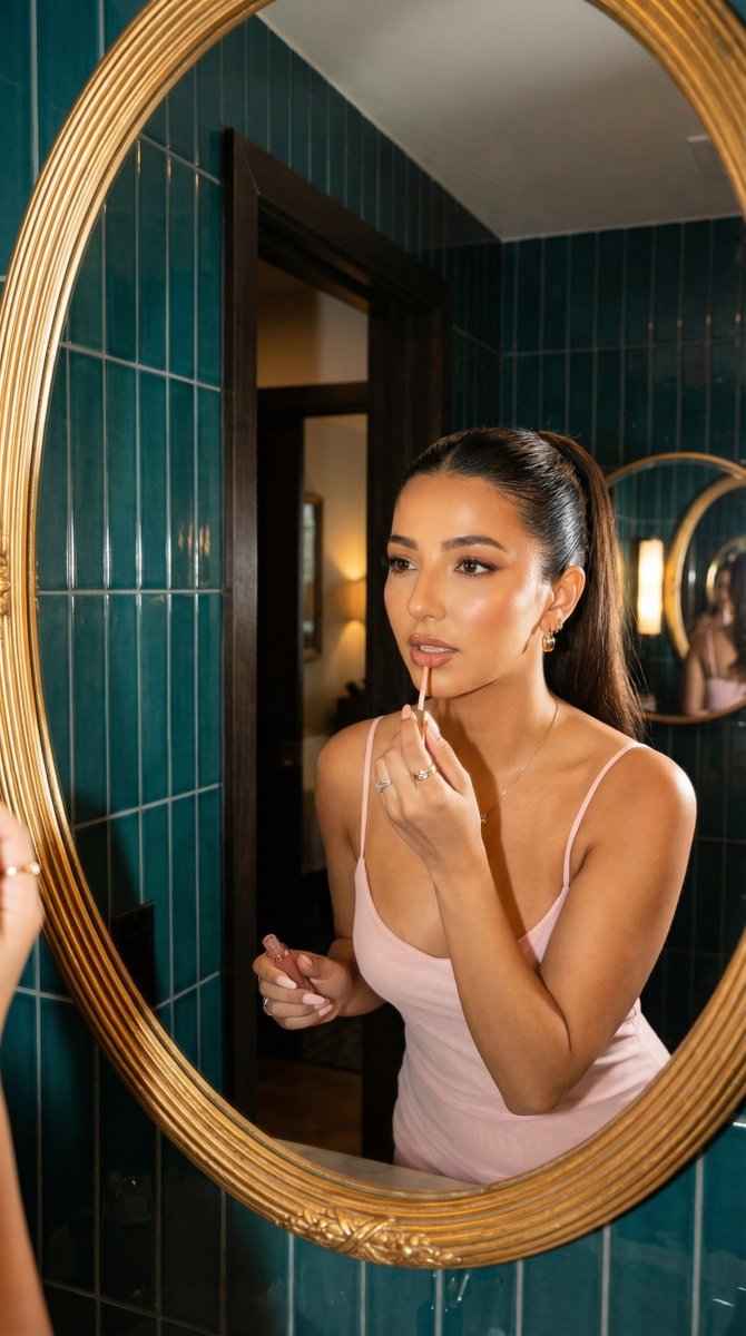 Glamorous Woman Applying Lip Gloss in Mirror Reflection — output 1