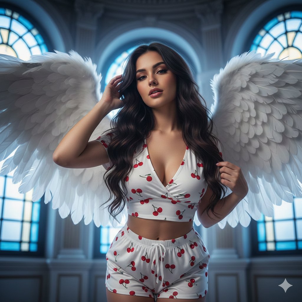 Flirtatious angel warrior portrait with low-angle framing — output 1