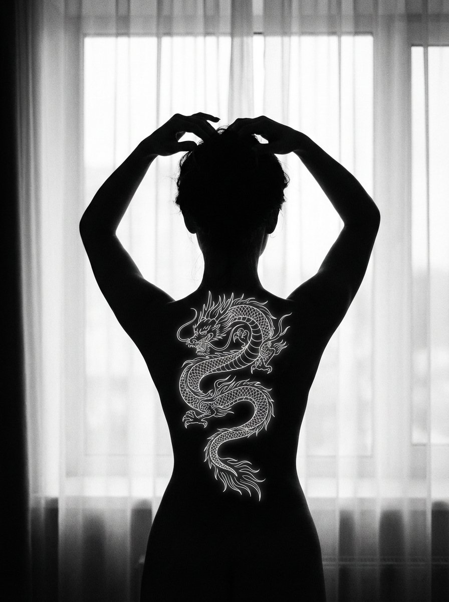 Fine-Art Silhouette with Glowing Dragon Tattoo — output 1