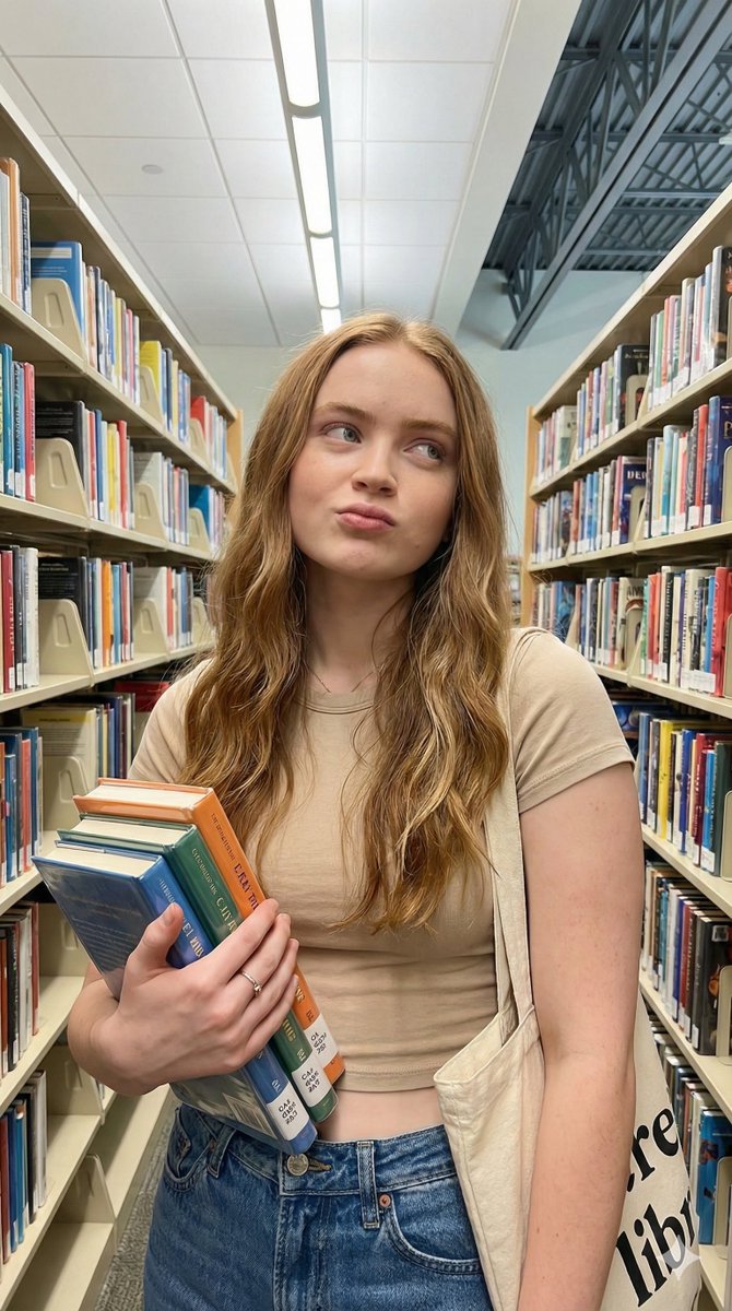 Playful Lifestyle Photo of Woman in Library Prompt — output 1