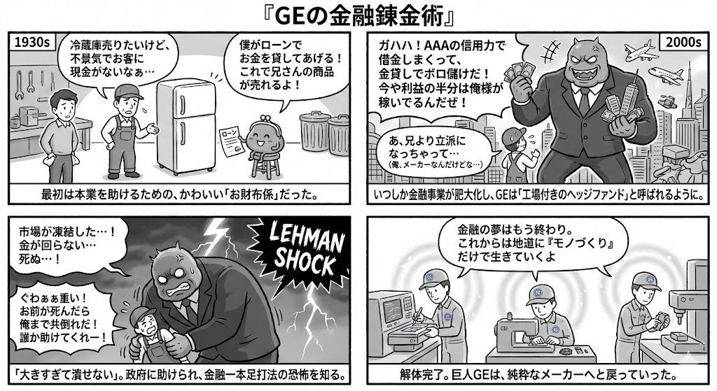 Comic / Storyboard - Generating 4-Panel Manga on GE's Financial History — output 1