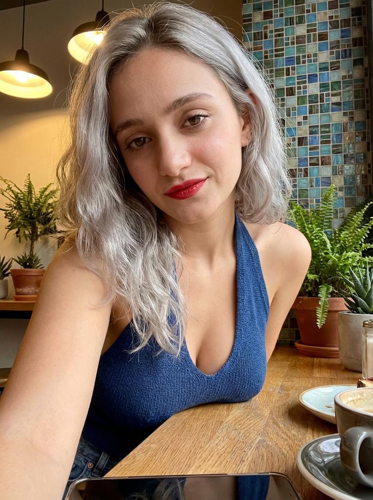 Profile / Avatar - Photorealistic Low-Angle Café Selfie — output 1