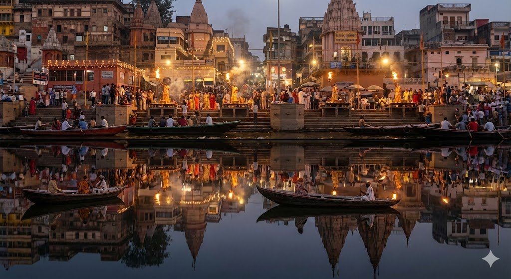 Varanasi ghats dual-timeline reflection scene — output 1