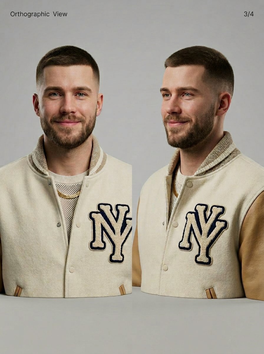 Game Asset - 3D Character Sheet for Varsity Jacket Prompt — output 1