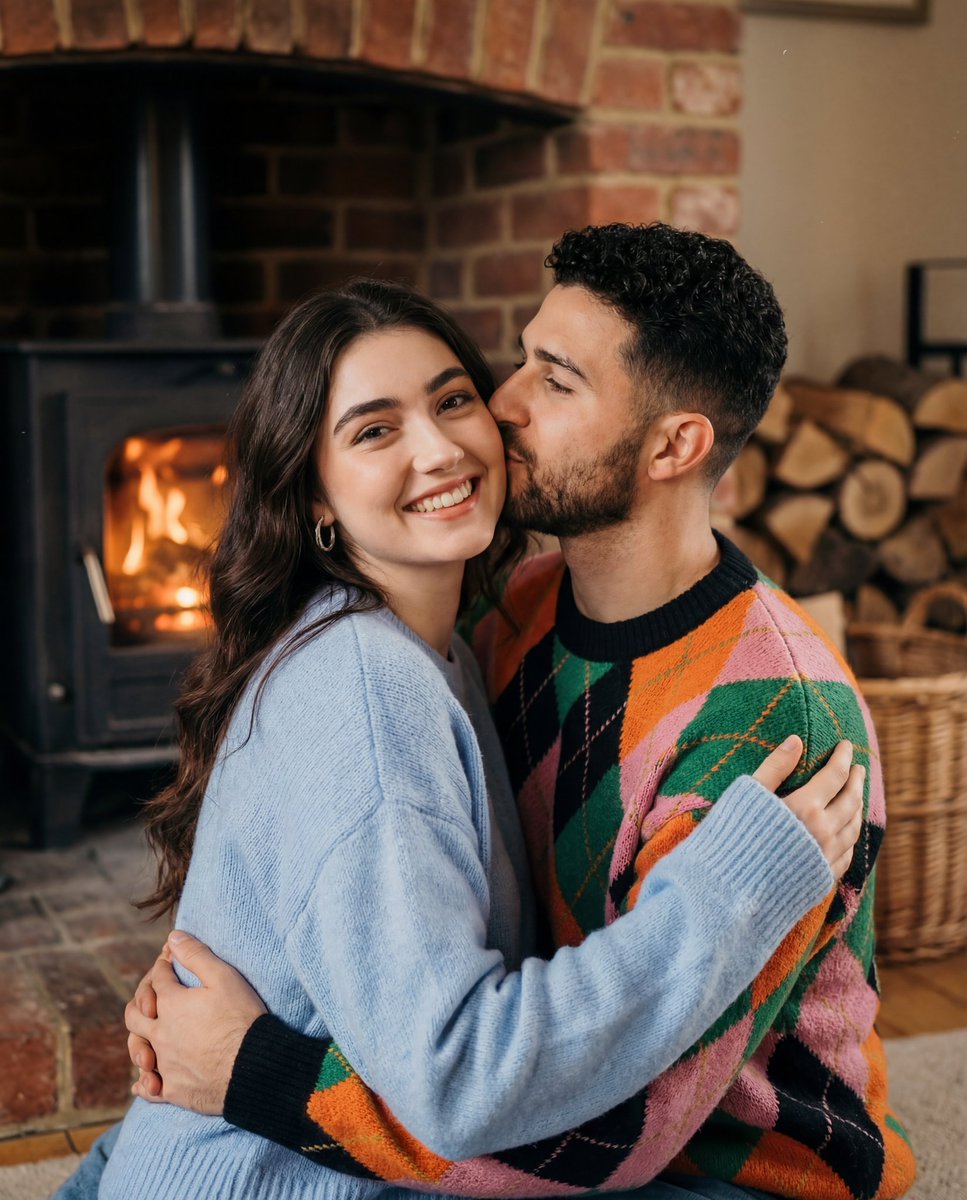 Cozy Nostalgic Couple Portrait by Fireplace — output 1