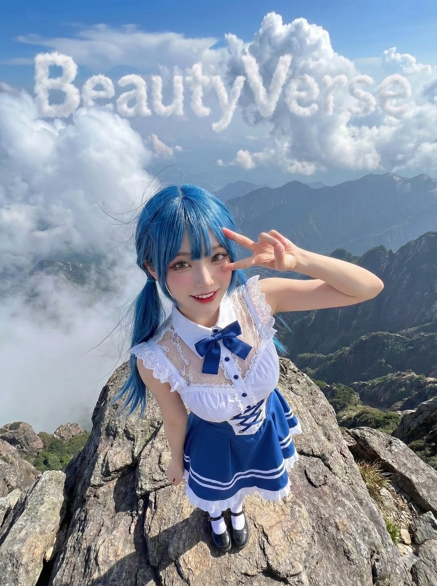 Character on a High Mountain Peak with Text in Clouds — output 1