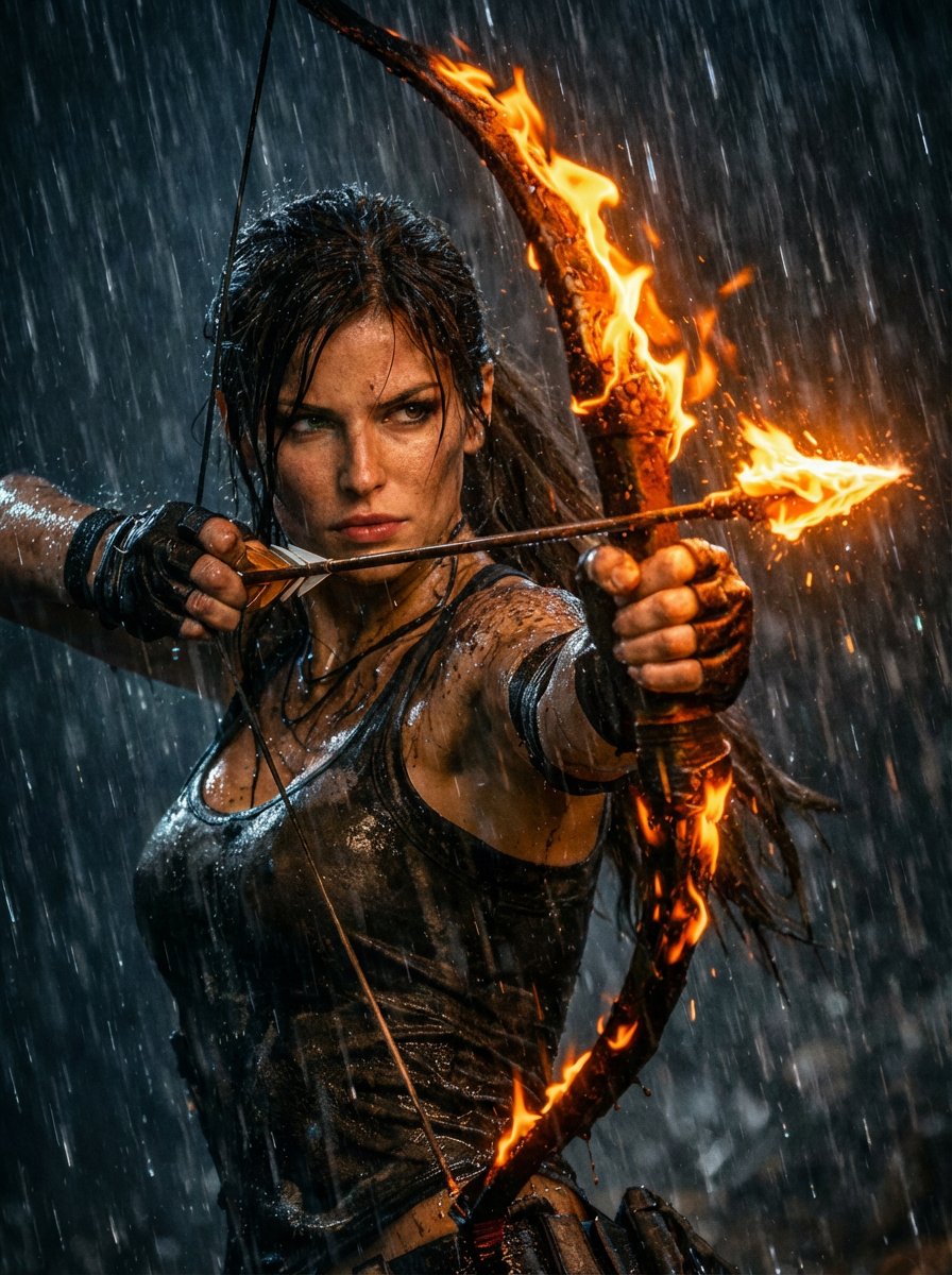 Comic / Storyboard - Lara Croft with Fiery Bow in Heavy Downpour — output 1