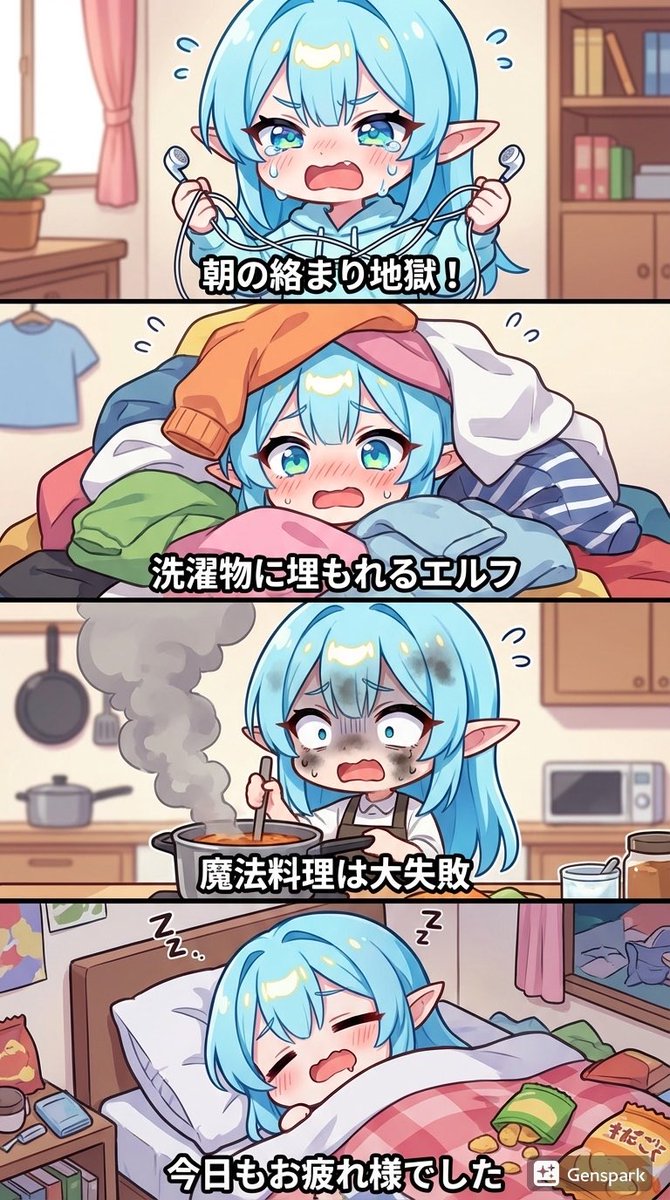 Four-panel comic about a clumsy elf — output 1