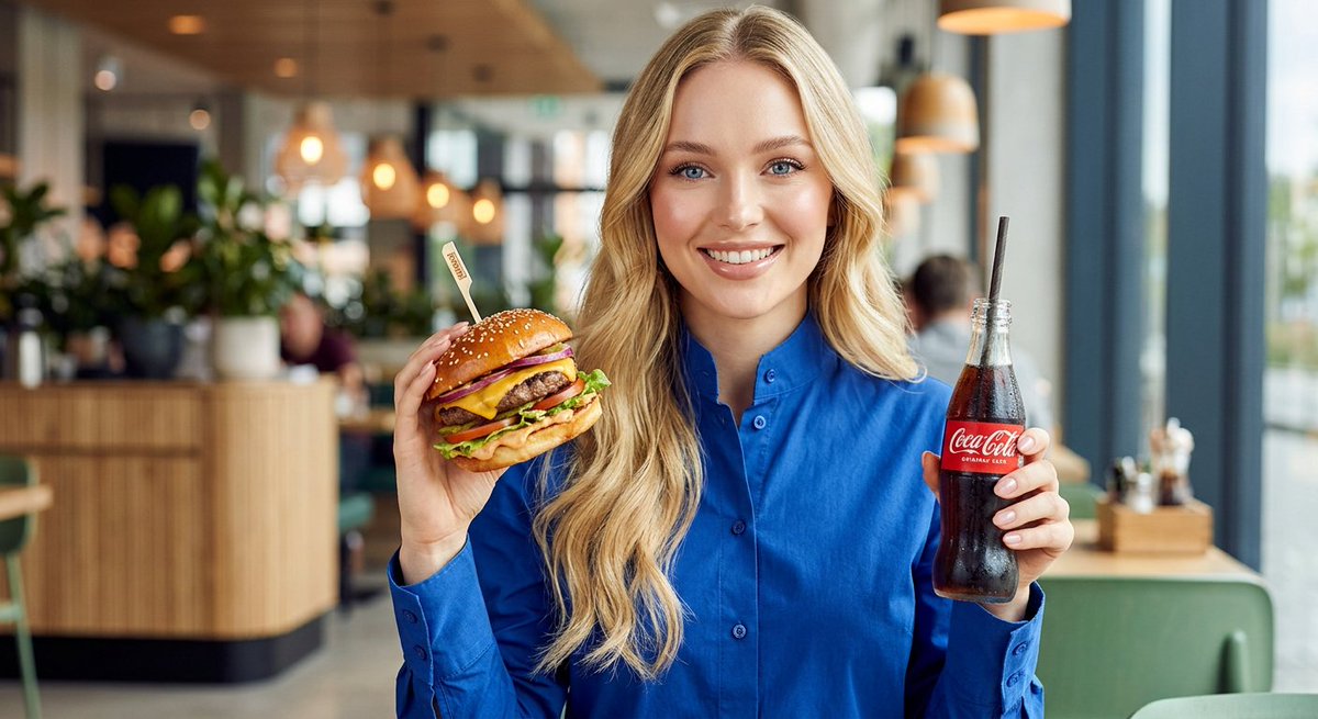 Product Marketing - Woman enjoying fast food commercial portrait — output 1