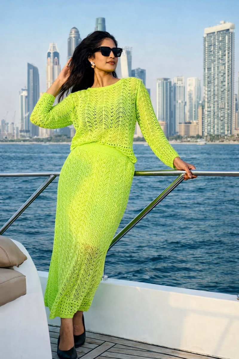 Lifestyle Portrait on Yacht in Neon Green Knitwear — output 1
