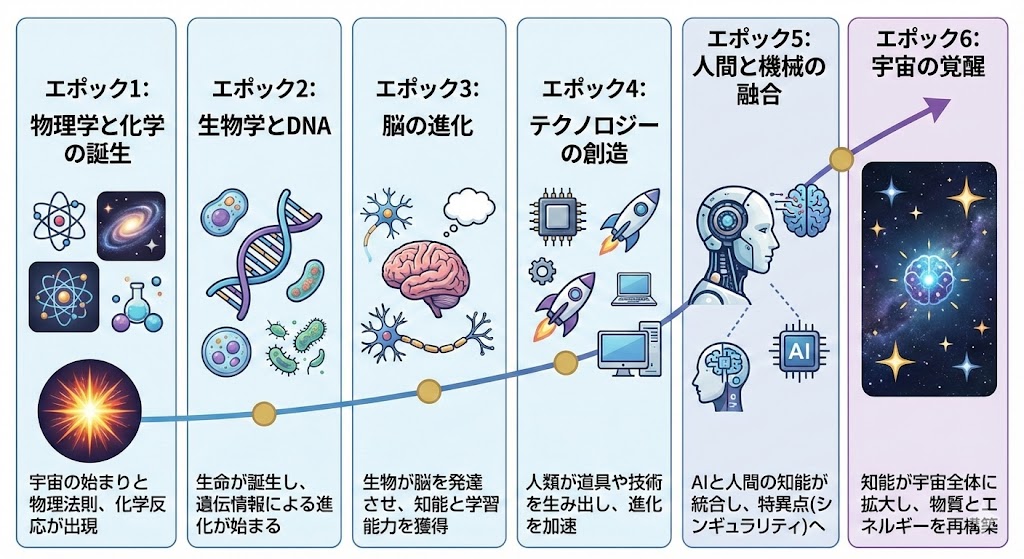 Illustration explaining Kurzweil’s six epochs in Japanese — output 1