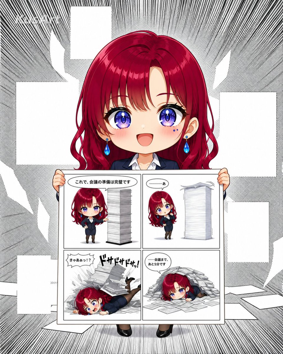 Comic / Storyboard - Chibi Office Girl Holding 4-Panel Manga — output 1