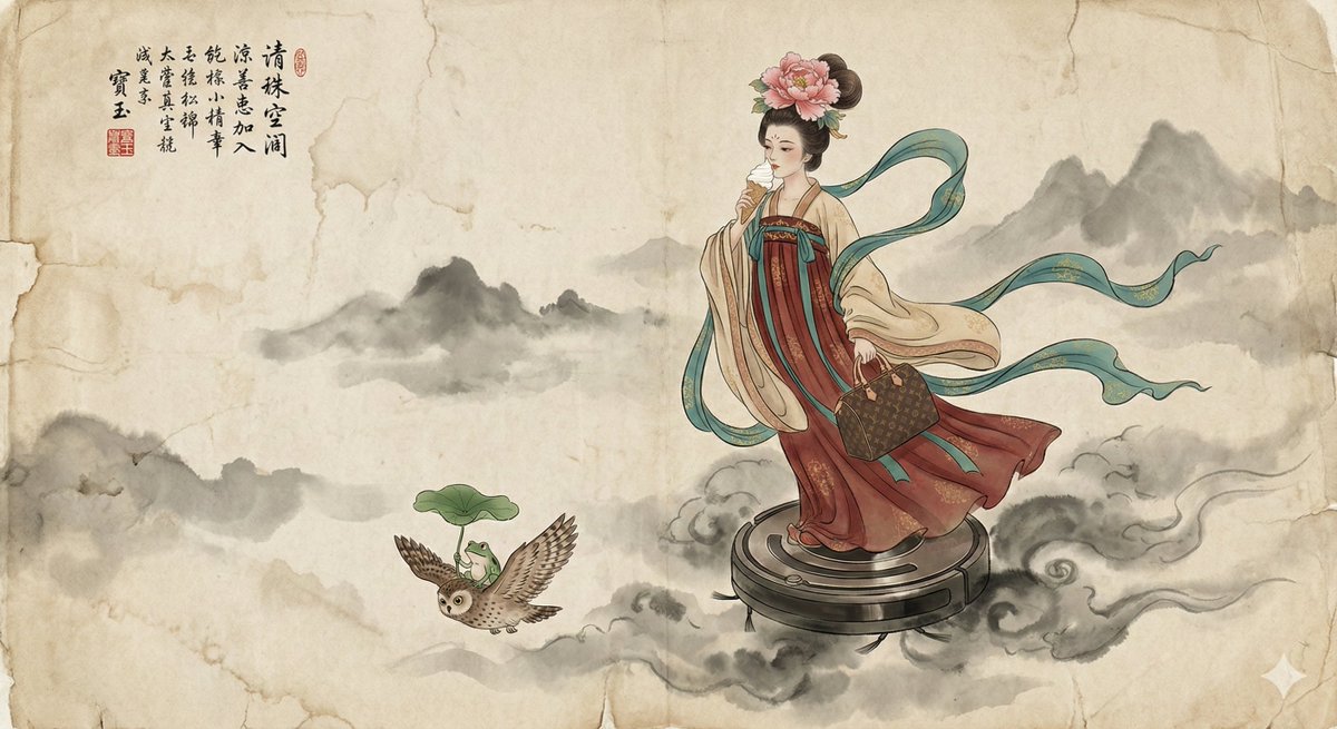 Tang Dynasty Fairy on Robotic Vacuum in Gongbi Style — output 1