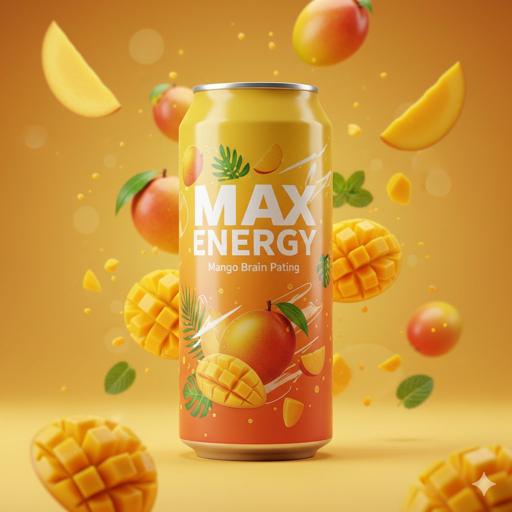 E-commerce Main Image - Photorealistic Mango Energy Drink Product Shot Prompt — output 1