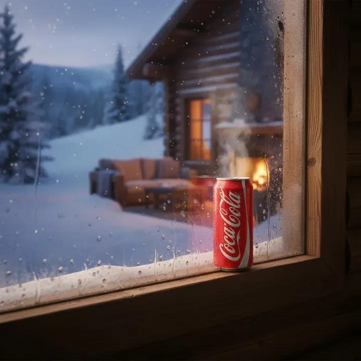 E-commerce Main Image - Winter Cabin Scene with Frosted Window and Coca-Cola Can โ output 1