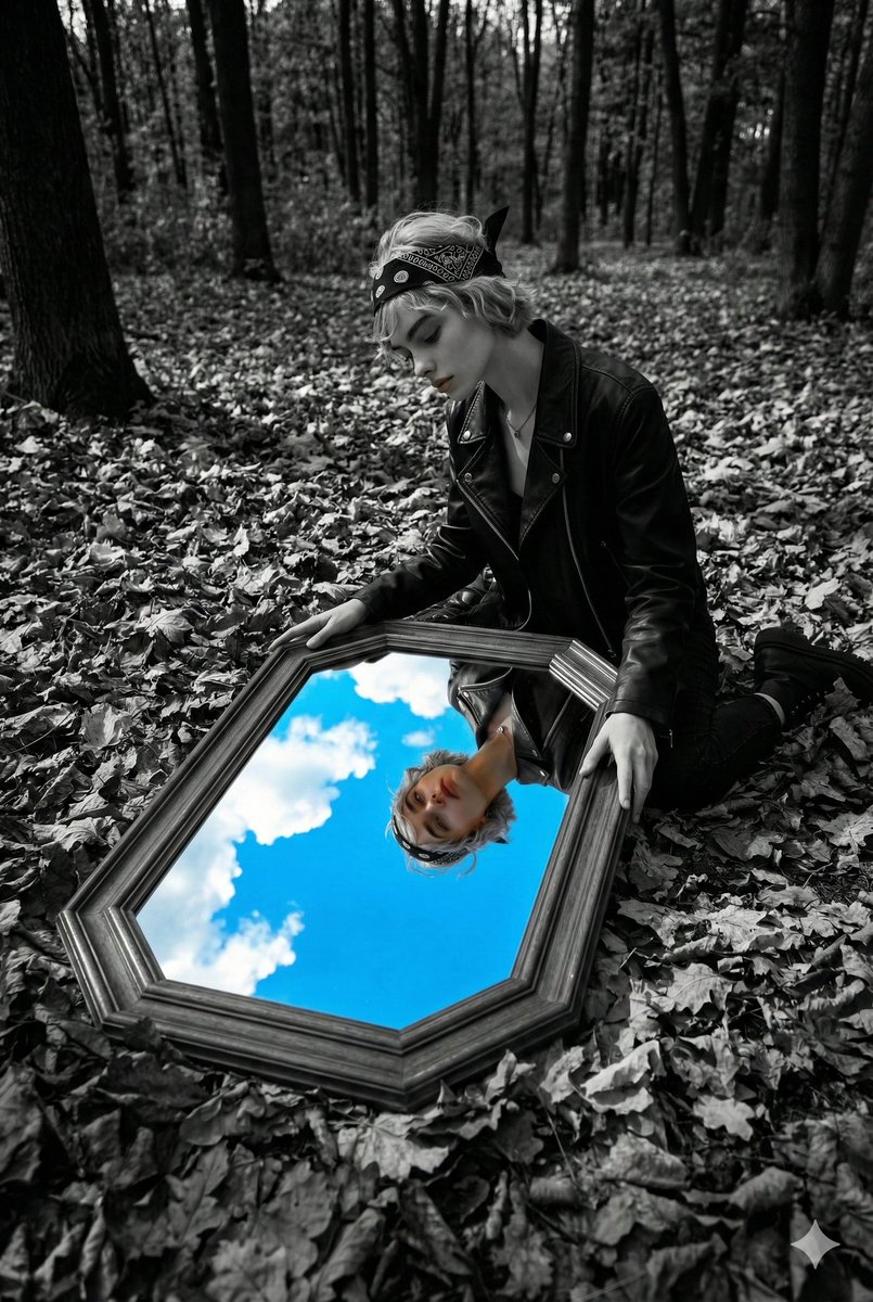 Surreal Black and White Forest Scene with Color Reflection — output 1