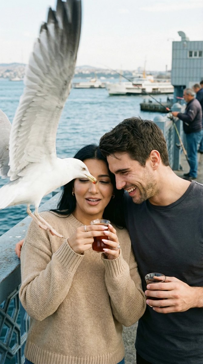 Photorealistic Candid Street Romance Prompt (Galata Bridge) — output 1