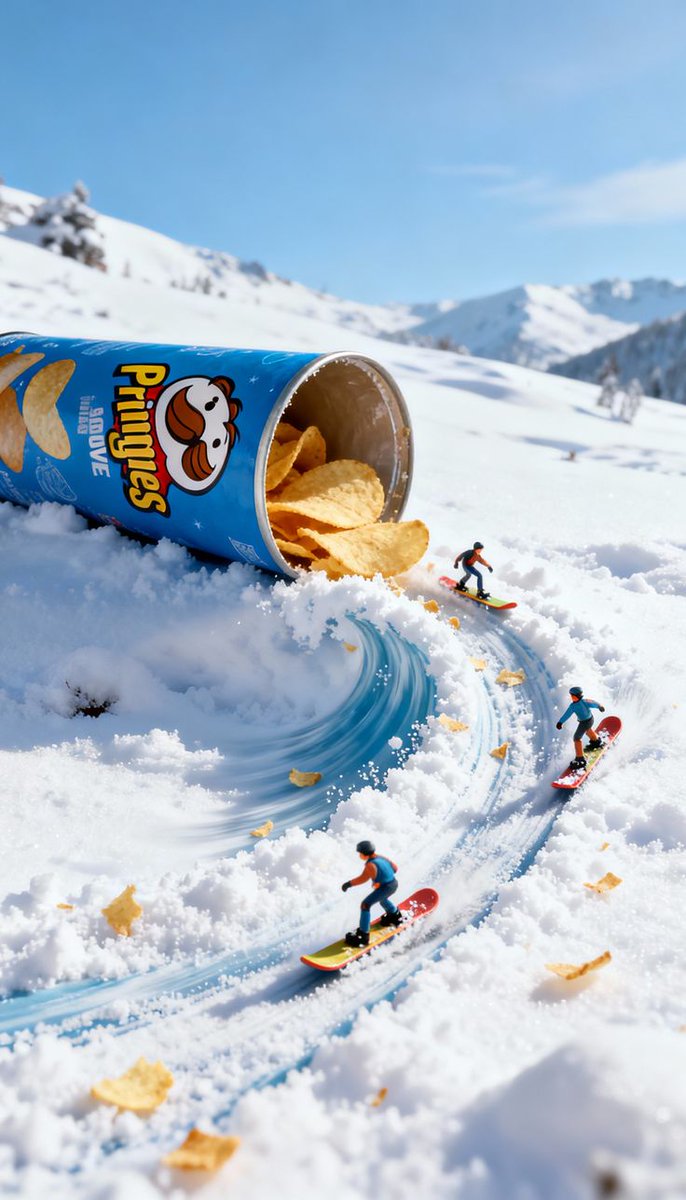 Video prompt for surreal miniature Pringles can snowboard scene — output 1