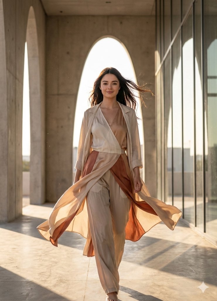 Cinematic Fashion Portrait with Flowing Fabric — output 1
