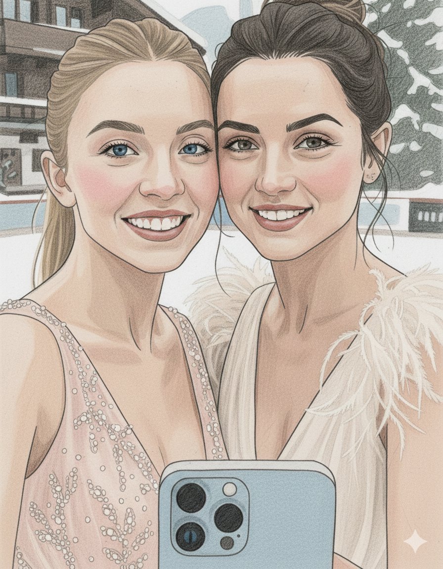 Social Media Post - Pencil Sketch of Sydney Sweeney and Ana de Armas Selfie — output 1