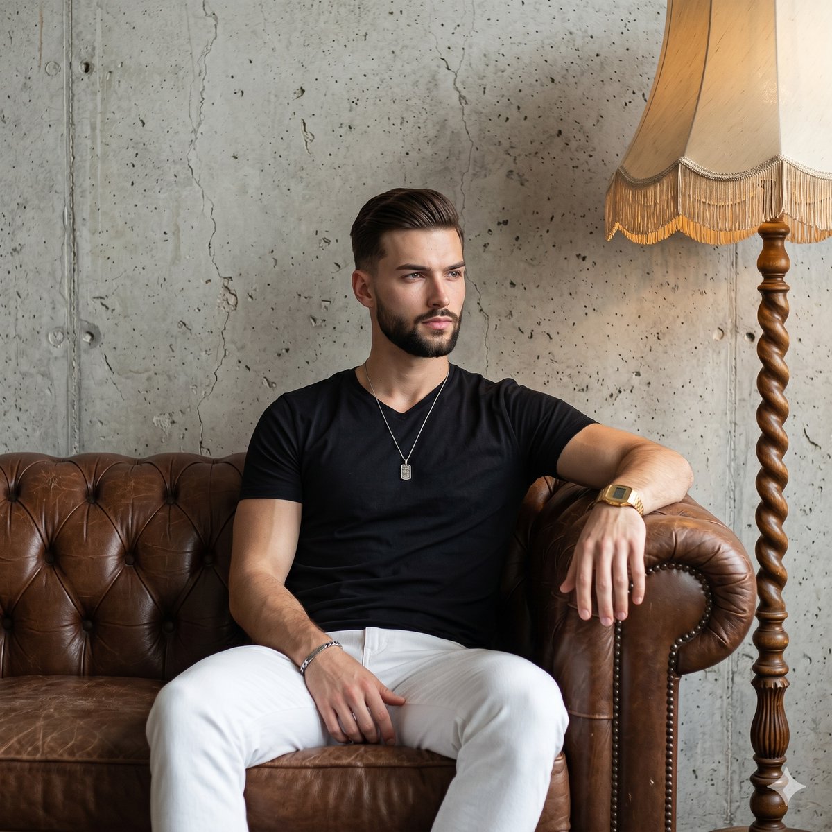 Product Marketing - Man on Vintage Leather Sofa — output 1