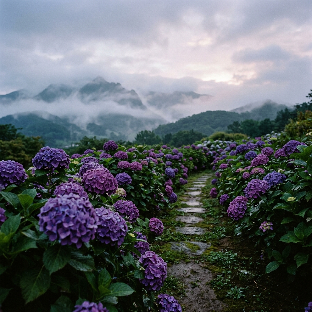 Social Media Post - Misty Hydrangea Garden Landscape — output 1