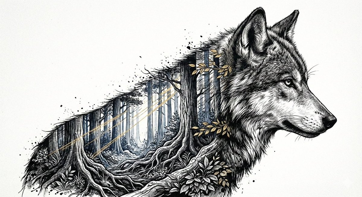 Cinematic Ink-Style Double-Exposure Wolf Portrait — output 1