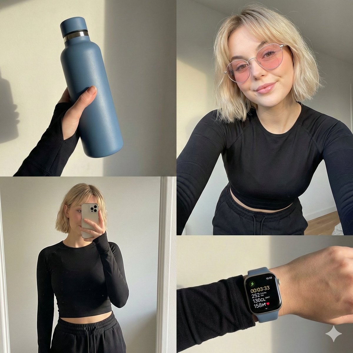 Profile / Avatar - Four-grid lifestyle collage of an Asian woman in activewear, post-workout — output 1