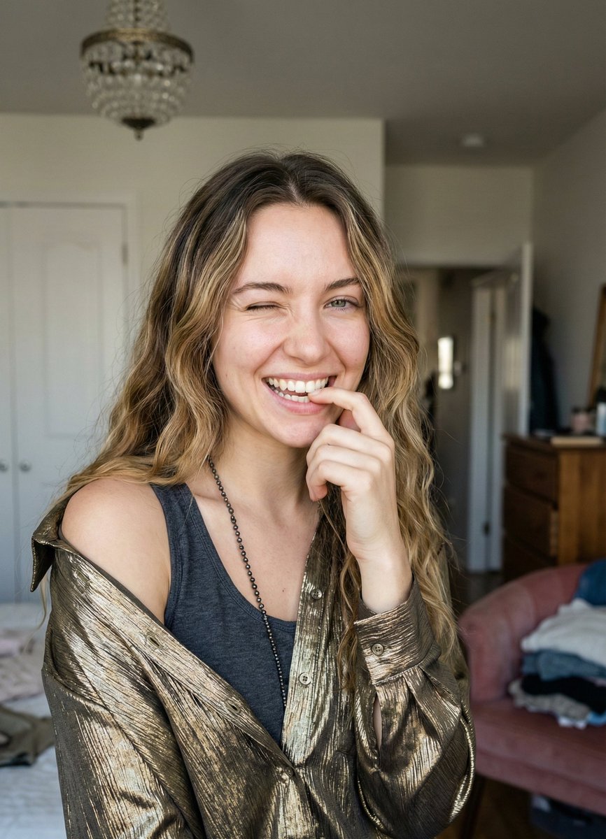 Candid Portrait of Woman Winking and Biting Finger — output 1