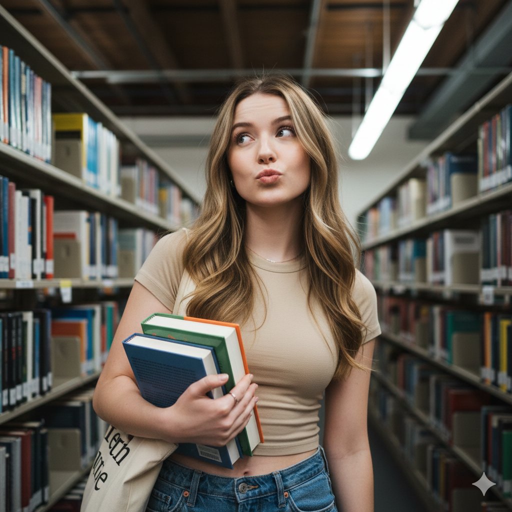 Playful Library Portrait with Books — output 1