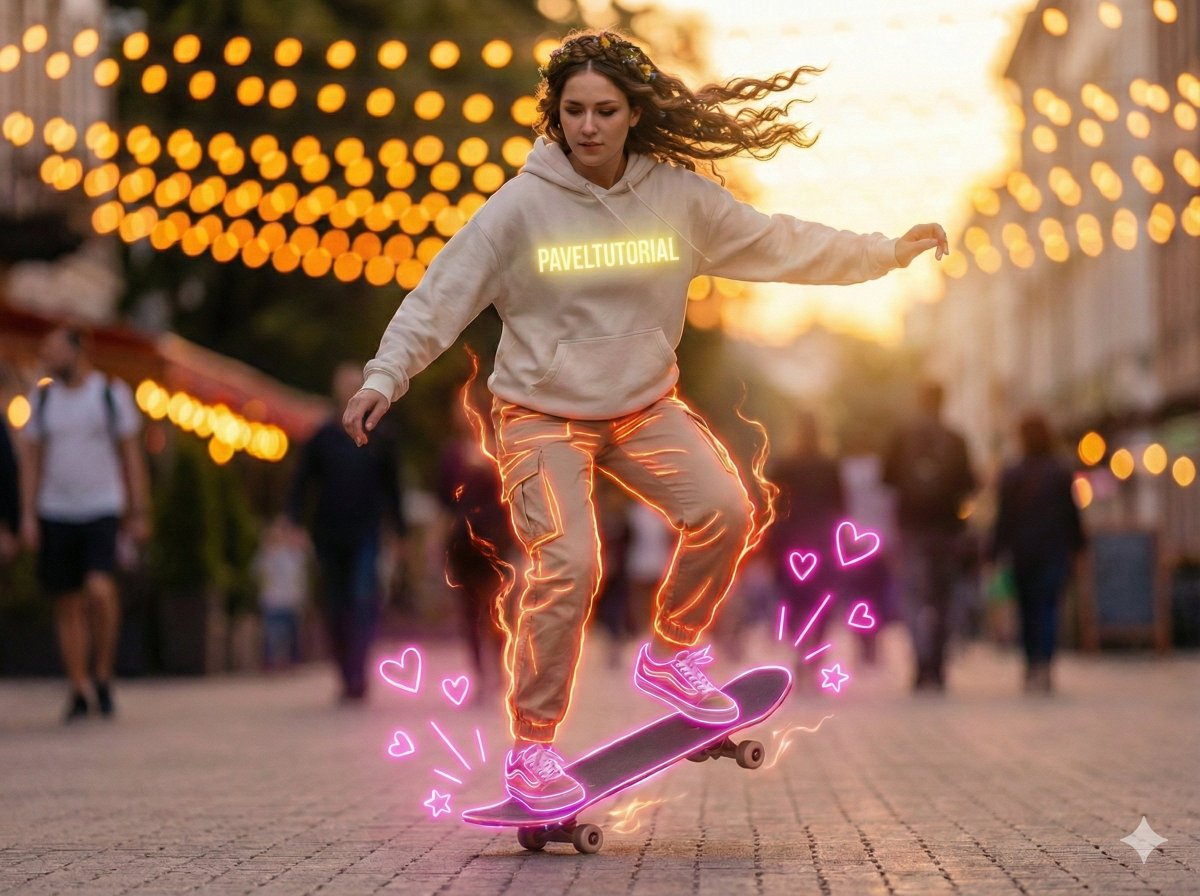 Neon-Outlined Skateboarder Action Shot — output 1