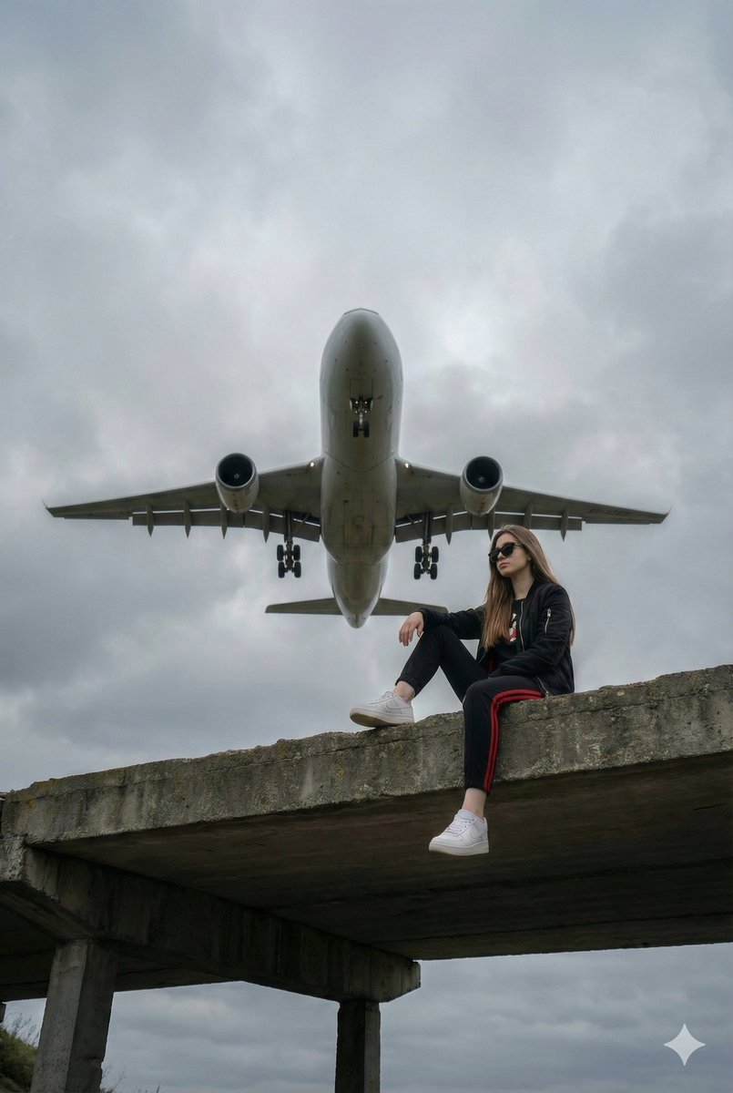 Surreal Low-Angle Portrait with Low-Flying Airplane Prompt — output 1