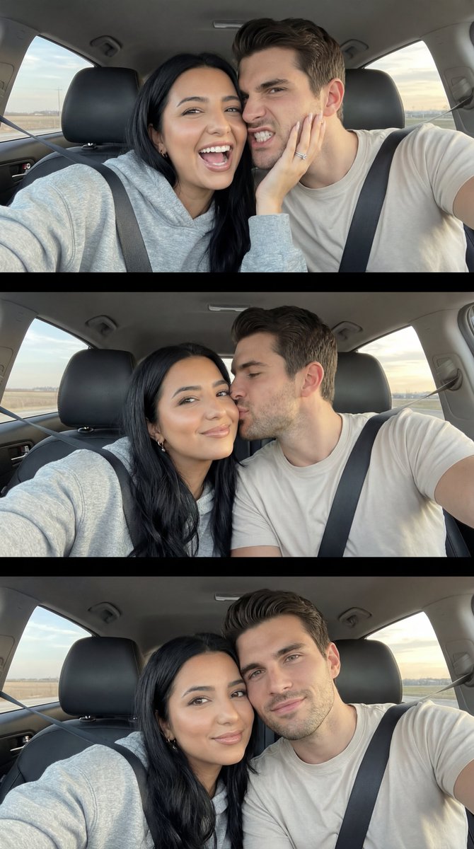 Photoreal Playful Couple Car Selfie Triptych — output 1