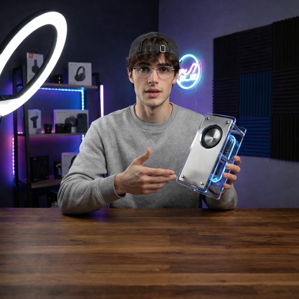 YouTube Thumbnail - Tech YouTuber Demoing Bluetooth Speaker Video Prompt — output 1