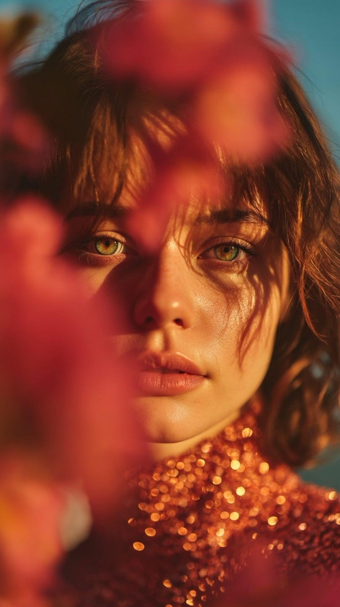 Poetic Cinematic Portrait with Pink Blossoms Prompt — output 1